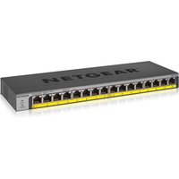 Black NETGEAR GS116LP Ethernet switch with 16 ports, metal casing, and yellow port labels.