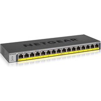 Black NETGEAR GS116PP Ethernet switch with 16 ports, PoE capability, and sleek rectangular design.