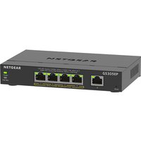 Black NETGEAR GS305EP Ethernet switch with five ports, LED indicators, and Power over Ethernet capability.