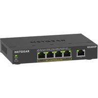 Black Netgear GS305Pv3 Ethernet switch with five ports, LED indicators, and Power over Ethernet capability.