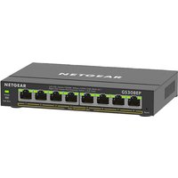 Black NETGEAR GS308EP Ethernet switch with 8 ports, LED indicators, and PoE capability.