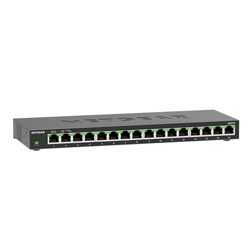 NETGEAR 16-Port Gigabit Ethernet Unmanaged Switch in black, featuring 16 green LED-lit Ethernet ports, designed for desktop, wall, or rackmount use with silent operation.