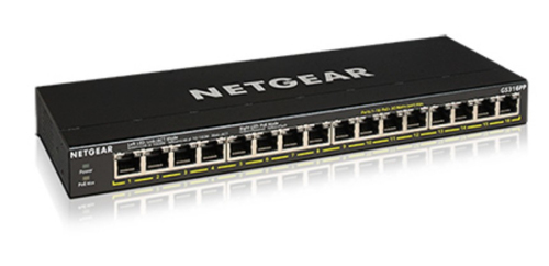 Black NETGEAR GS316PP unmanaged gigabit Ethernet switch with 16 ports, featuring Power over Ethernet (PoE) capability and a sleek, rectangular design.