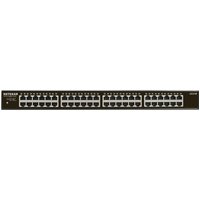 Black NETGEAR GS348 1U rackmount switch with 48 Ethernet ports and LED indicators.