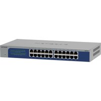 NETGEAR GS524-300EUS network switch, silver and blue, 24 Ethernet ports, LED indicators on front panel.