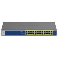Black and blue NETGEAR GS524PP Gigabit switch with 24 yellow Ethernet ports and PoE capability.