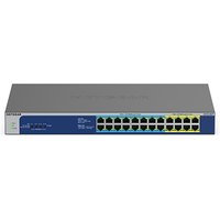 NETGEAR GS524UP Ethernet switch, gray with blue panel, 24 ports, LED indicators, and Power over Ethernet capability.