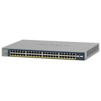 Gray NETGEAR GS728TP Ethernet switch with 48 ports and LED indicators on the front panel.