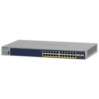 Netgear GS728TPP Ethernet switch, gray with blue front panel, 24 ports, and LED indicators.