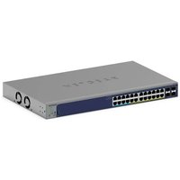 Netgear GS728TXUP switch, gray with 24 Ethernet ports and blue accent, Power over Ethernet capability.