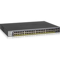 Black NETGEAR GS752TP Ethernet switch with 48 ports, rack-mount design, and LED indicators on the front panel.