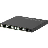 Black Netgear network switch with 48 Ethernet ports, compact design, and Netgear logo on top.