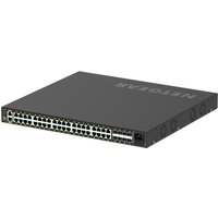 Black NETGEAR network switch with 48 Ethernet ports and vented sides, model GSM4248PX-100EUS.