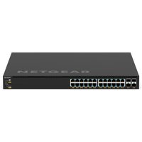 Black Netgear managed L3 gigabit Ethernet switch with 24 ports and LED indicators on the front panel.