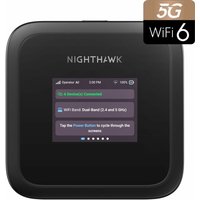 Black NETGEAR M3 wireless router with touchscreen, dual-band 2.4/5 GHz, Nighthawk branding, 5G WiFi 6 logo.