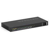Black NETGEAR M4250-10G2F Ethernet switch with multiple ports, PoE capability, and sleek 1U design.