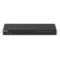 Black NETGEAR M4250-10G2XF-PoE++ switch with multiple Ethernet ports and sleek design.