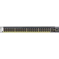 NETGEAR M4300-52G-PoE+ switch, black with 48 Ethernet ports, 4 SFP+ ports, and yellow PoE+ strip.