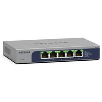Gray NETGEAR MS105-100EUS network switch with five 2.5G Ethernet ports and LED indicators on the front panel.