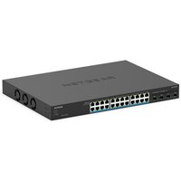 Black rectangular NETGEAR MS324TXUP Managed PoE Switch with 24 Ethernet ports and 4 SFP+ ports on the front panel.
