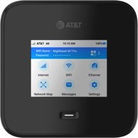 Black NETGEAR Nighthawk M7 Pro router with touchscreen display showing WiFi name, password, and icons for settings.