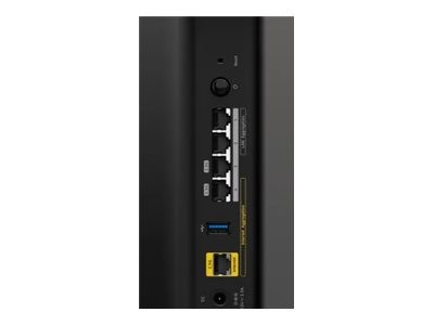 NETGEAR Nighthawk RS200 wireless router in black with multiple Ethernet ports, USB port, and power button on the back panel, designed for gigabit Ethernet and dual-band connectivity.