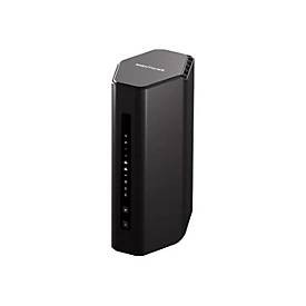 Black NETGEAR Nighthawk RS300 wireless router with a sleek, angular design, featuring LED indicator lights on the front and Gigabit Ethernet ports on the back.