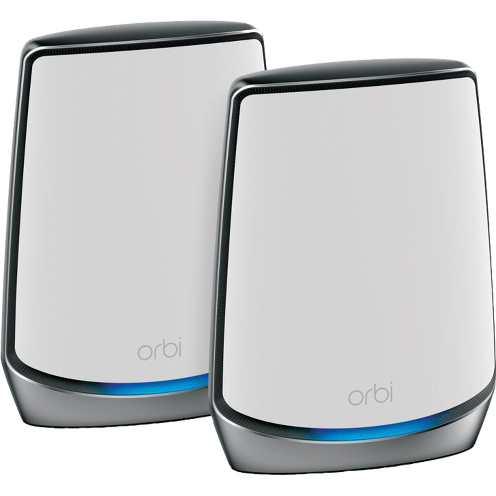 White Netgear Orbi RBK852 Tri-Band Wi-Fi 6 router and satellite, featuring a sleek design with a glossy finish and illuminated blue base, ideal for mesh networking.