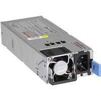 Rectangular NETGEAR ProSAFE power supply with cooling fan, black power socket, and blue release latch.