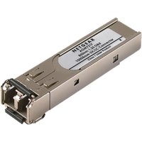 Silver NETGEAR SFP 1G Ethernet Fiber Module with dual ports and labeled top panel for managed switches.
