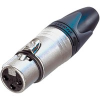 Neutrik 3 pole female cable connector, nickel housing, silver contacts, black rubber grip, metal latch.
