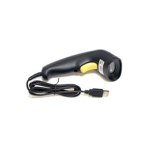 Black handheld barcode reader with a yellow trigger button, featuring a CCD scanner and a USB cable for connectivity.