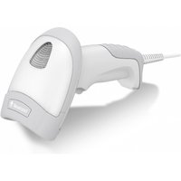 White and gray Newland HR32 Marlin corded handheld barcode reader with ergonomic grip and coiled cable.
