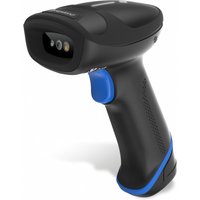 Black Newland HR33 Marlin handheld barcode reader with blue accents and ergonomic grip, featuring 1D/2D CMOS sensor.