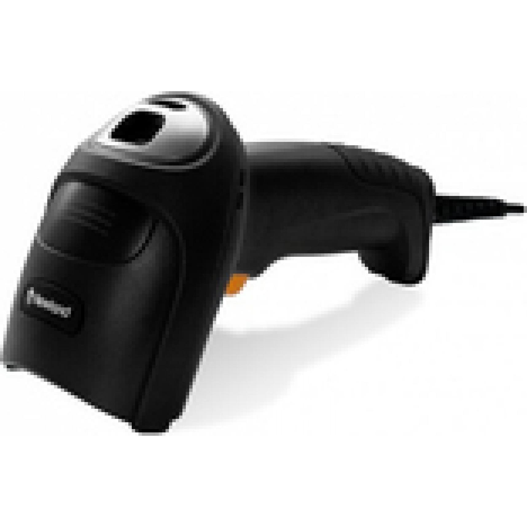 Black handheld barcode reader with a textured grip, featuring a scanning window at the top and an orange trigger button, designed for reading 1D and 2D barcodes.