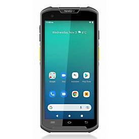 Newland MT93 Megattera handheld mobile computer features a 5.5-inch touchscreen, rugged design with yellow accents, and Android interface displaying app icons and date.