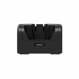 Black charging cradle for the Newland NLS-CD6750-01 barcode reader, featuring a sleek design with two slots for the device and a sturdy base.