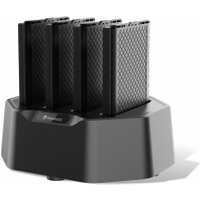 Black Newland NLS-MCD9350-4B battery charger with four vertical slots for barcode reader batteries.
