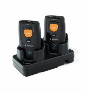 Black charging cradle for Newland NLS-SCD80 barcode readers, featuring two slots, orange scan buttons, and indicator lights for charging status.