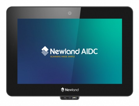 Newland NQuire 750 Stingray II kiosk features a sleek black design with a 7" touchscreen display, 1280 x 800 resolution, and a modern interface showcasing the Newland AIDC logo.