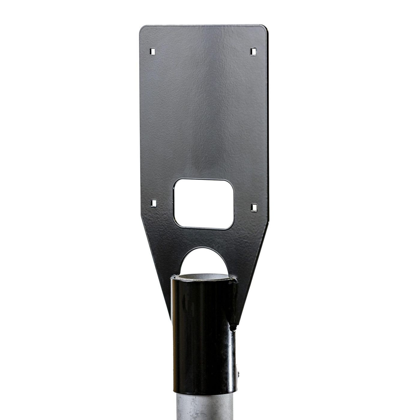 Black metal charging pole with a rectangular sign holder at the top, featuring a cut-out for mounting, and a cylindrical silver base.