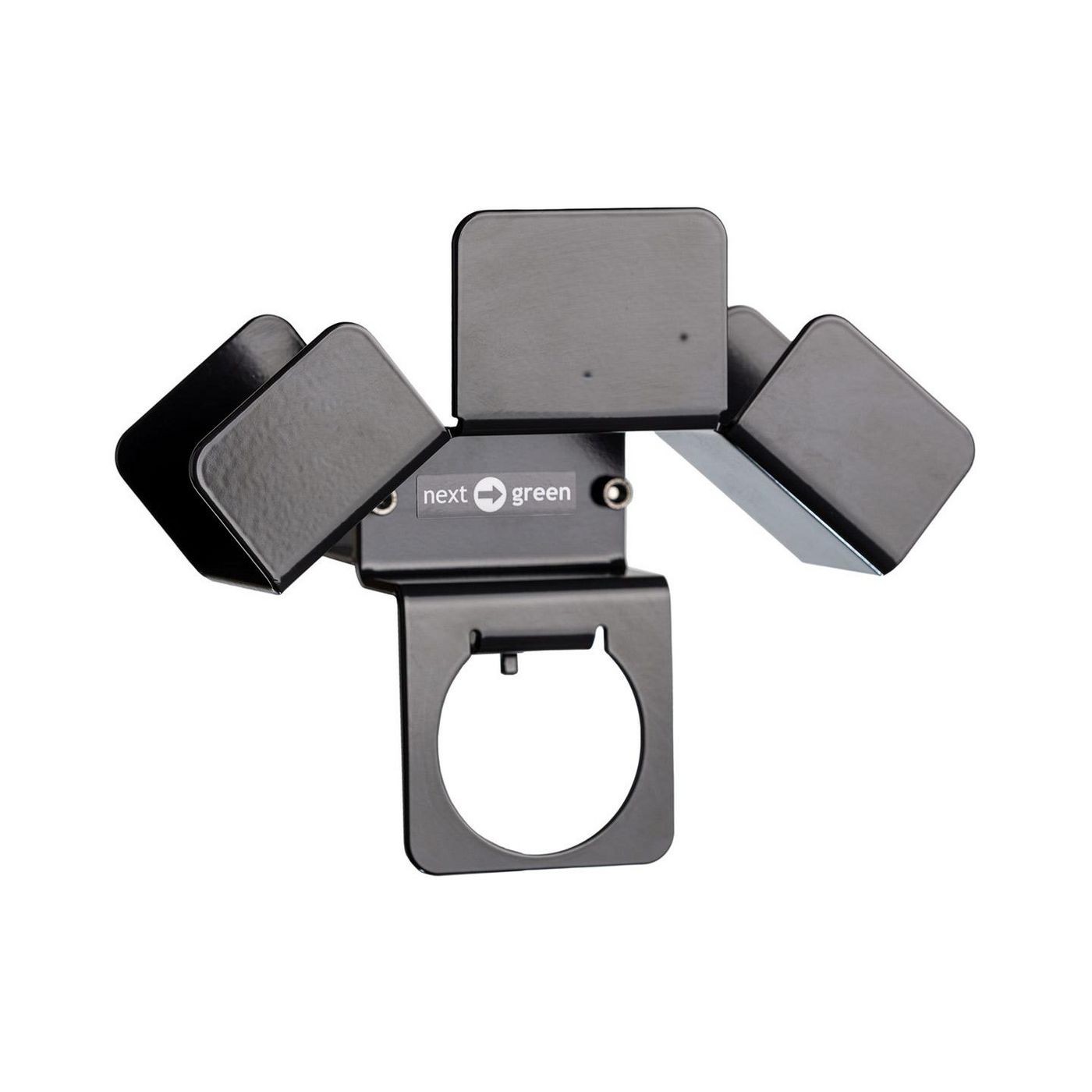 Black EV charger holder with a sturdy design, featuring three adjustable arms for secure placement, and the "next green" logo prominently displayed.