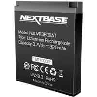 Black Nextbase 380GW lithium rechargeable battery pack with white text detailing model and capacity of 3.7Vdc, 320mAh