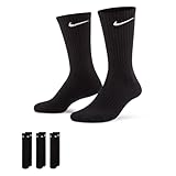 Black Nike crew socks with white swoosh logo, ribbed texture, and cushioned soles, pack of three pairs.