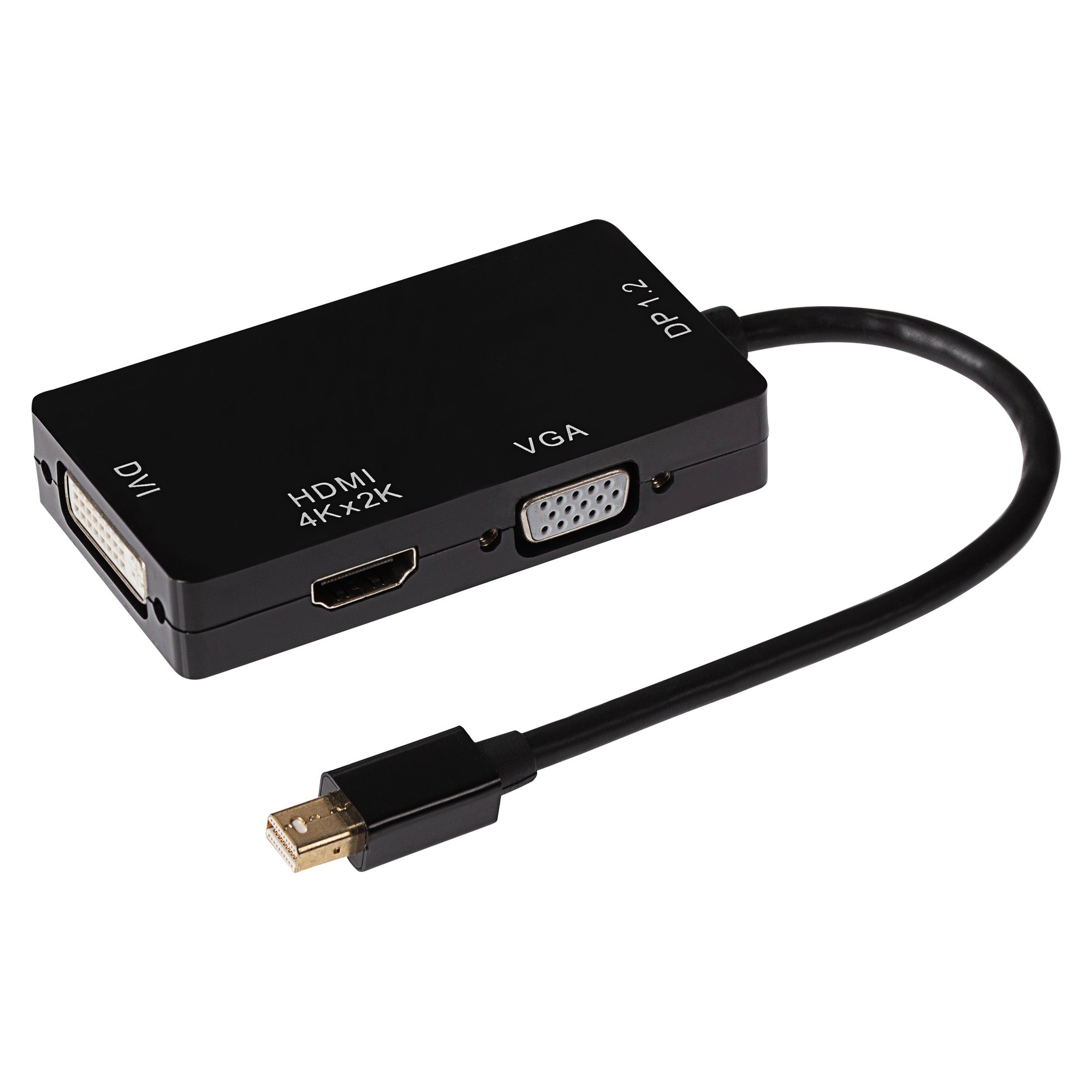 Nikkai Mini Displayport Multiport Hub in black, featuring HDMI, VGA, and DVI-I ports, with a short cable ending in a USB connector for versatile connectivity options.