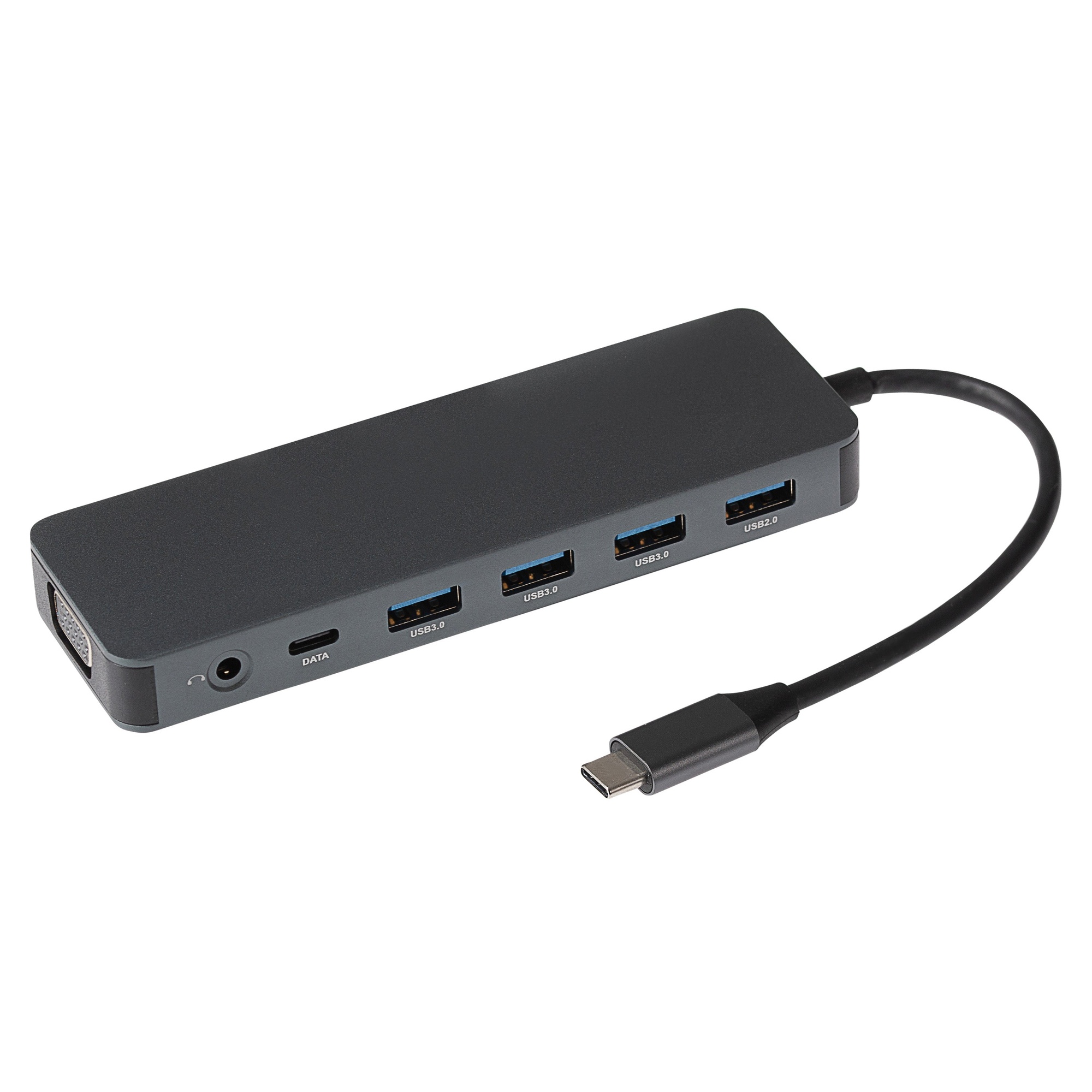 Black Nikkai USB-C multiport hub featuring 4 USB-A ports, 2 HDMI ports, gigabit RJ45, 2 USB-C ports, VGA, and an SD card reader, with a sleek, compact design.