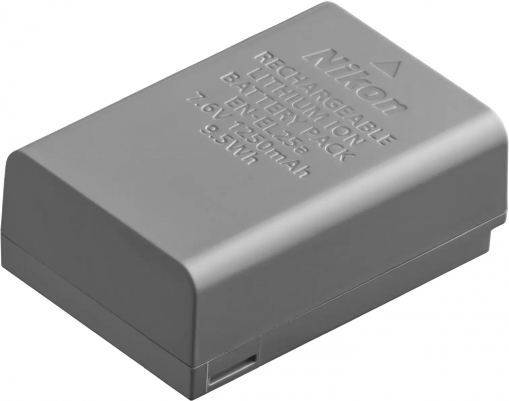 Gray lithium-ion battery pack with a smooth surface, marked with "Nikon" and specifications including "7.6V 1250mAh" and "9.5Wh" on the side.