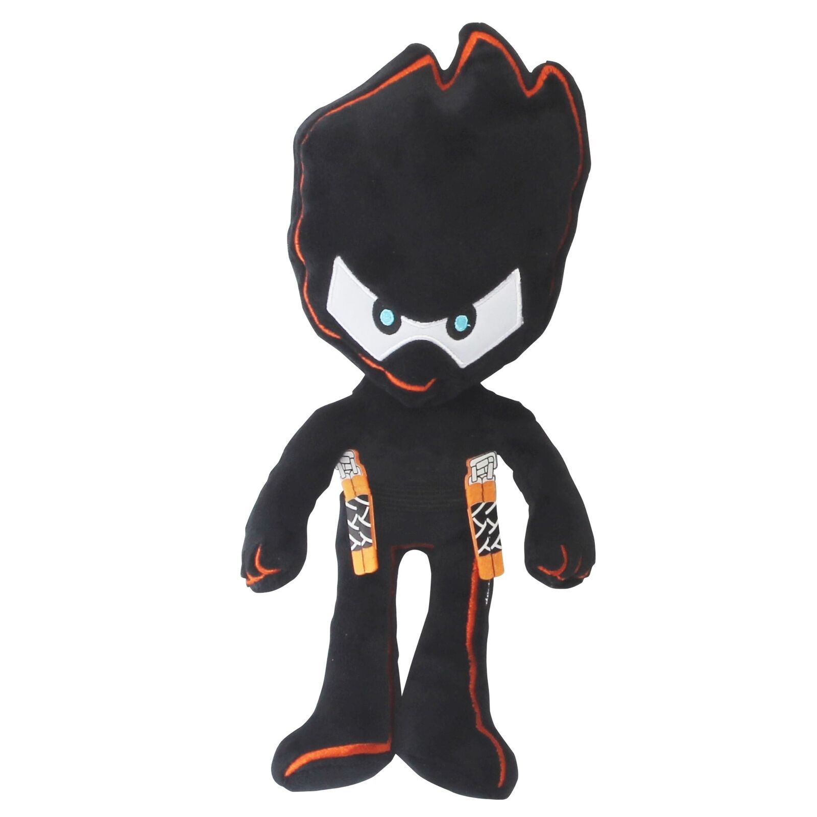 30cm soft toy ninja character in black with orange accents, featuring a masked face, blue eyes, and toy weapons on its sides, made from soft plush material.