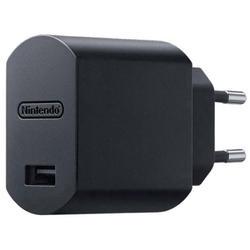 Black rectangular power adapter with a rounded edge, featuring a USB port and the Nintendo logo on the front, designed for the Mini NES console.