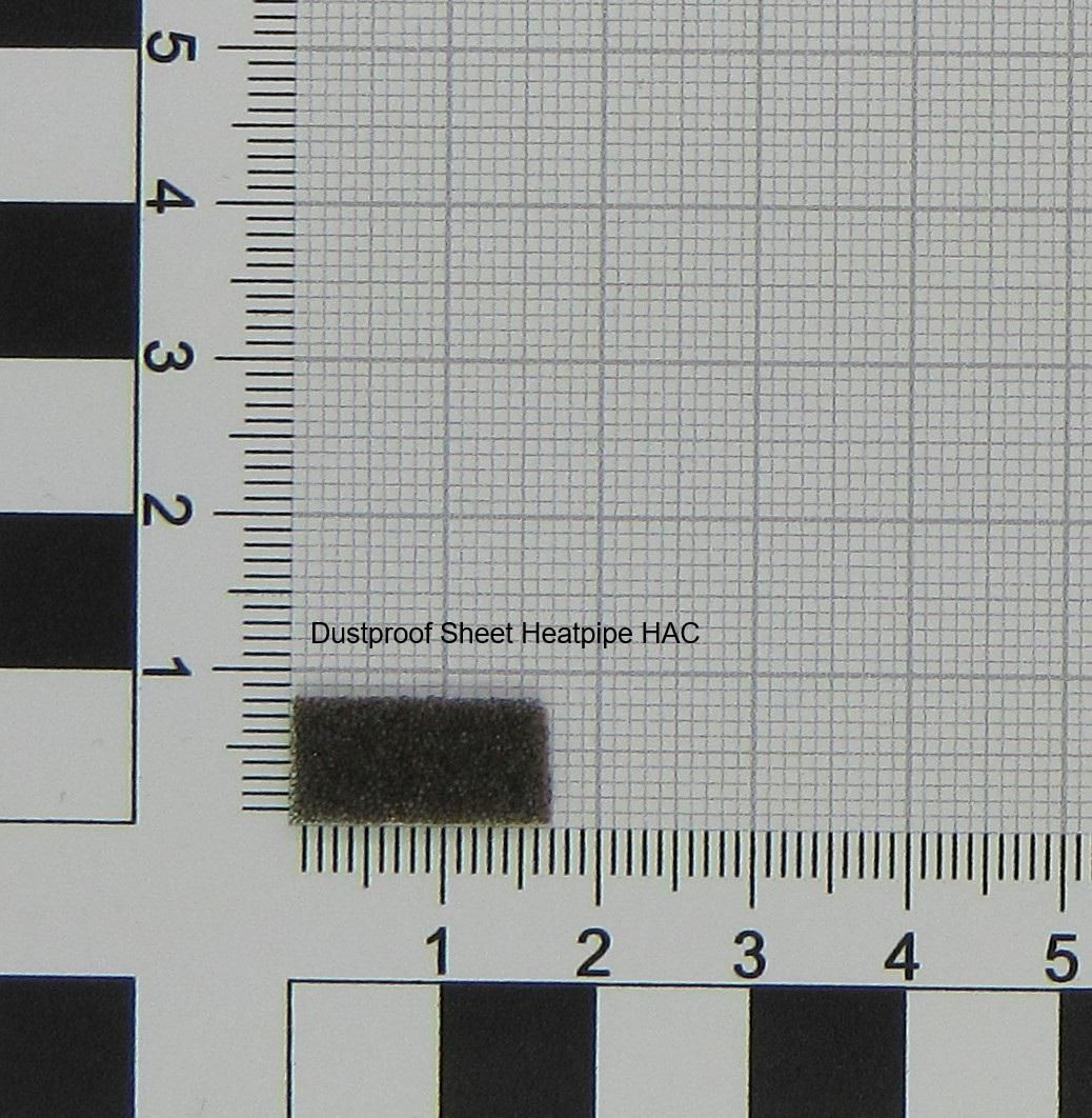 Black dustproof sheet heatpipe with a textured surface, displayed on a grid background with measurement markings for size reference.